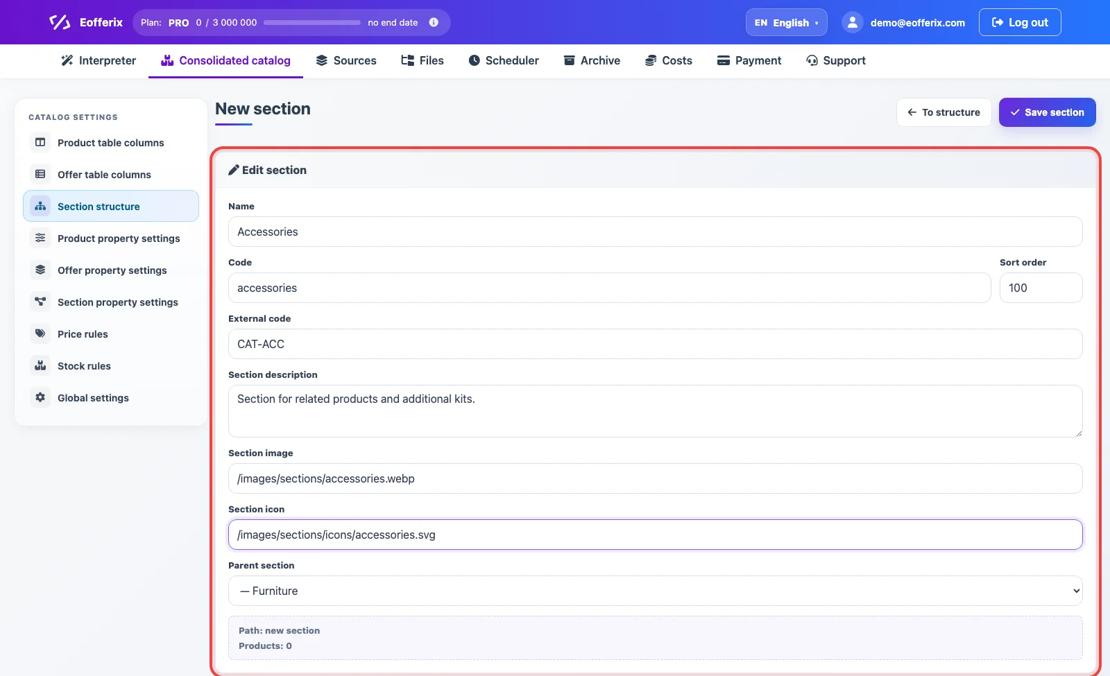 New section form in Eofferix