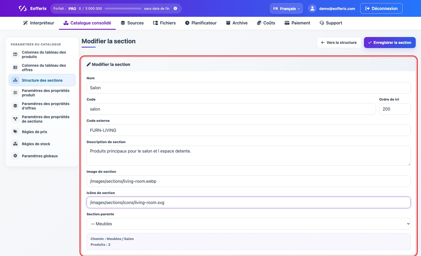 Modification d’une section de catalogue dans Eofferix