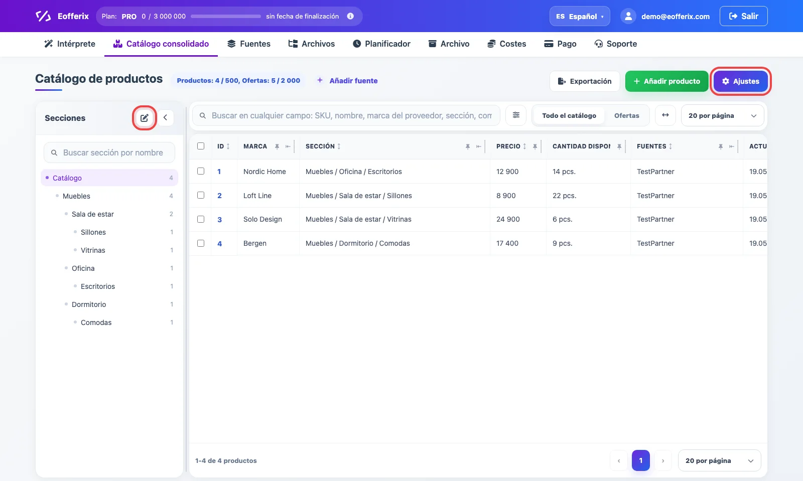 Dos accesos a la configuración de estructura de secciones desde el catálogo consolidado de Eofferix