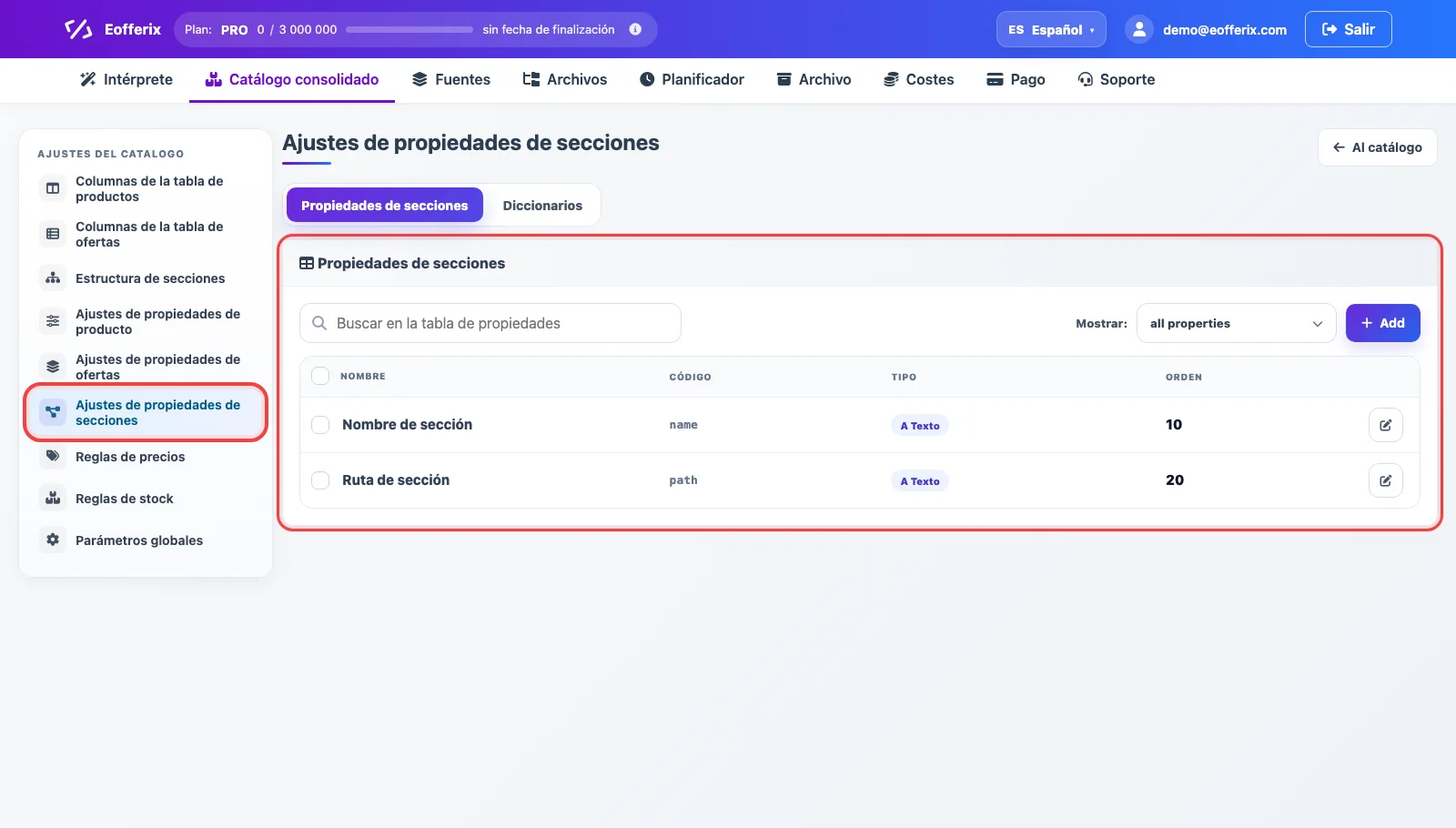 Ajustes de propiedades de secciones en Eofferix