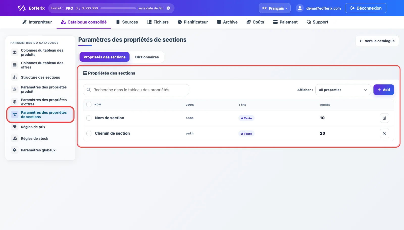 Paramètres des propriétés de sections dans Eofferix