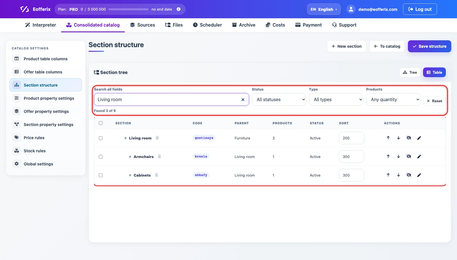 Table view of section structure with search, filters, and bulk actions