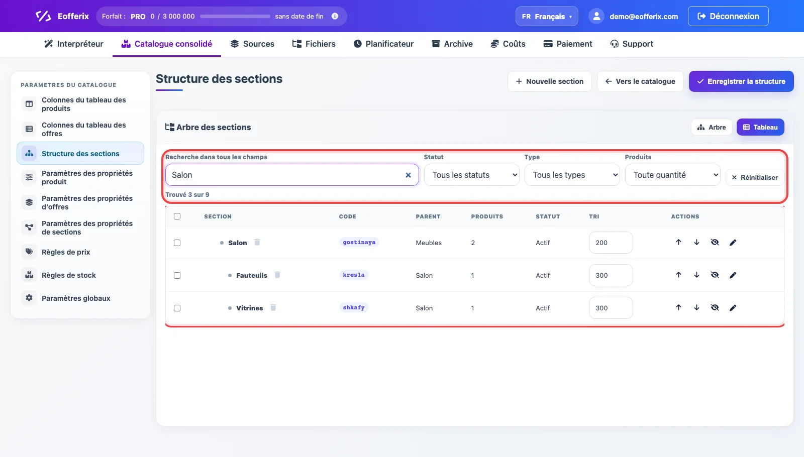 Vue tableau de la structure des sections avec recherche, filtres et actions groupées