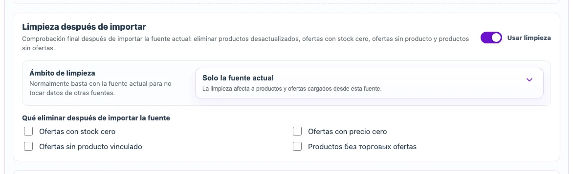 Ajustes de limpieza y ámbito después de la importación