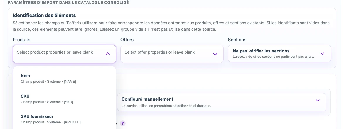 Sélection des champs d’identification du produit et de l’offre