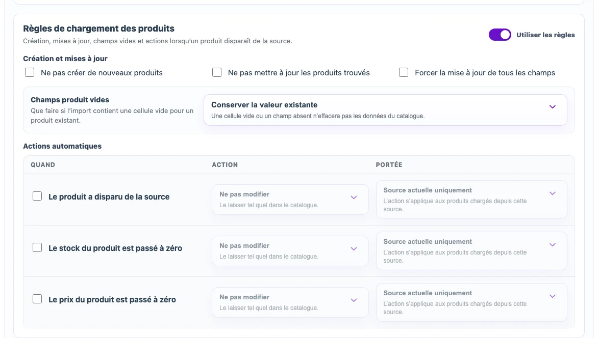 Règles de création, de mise à jour et de valeurs vides dans le profil d’import
