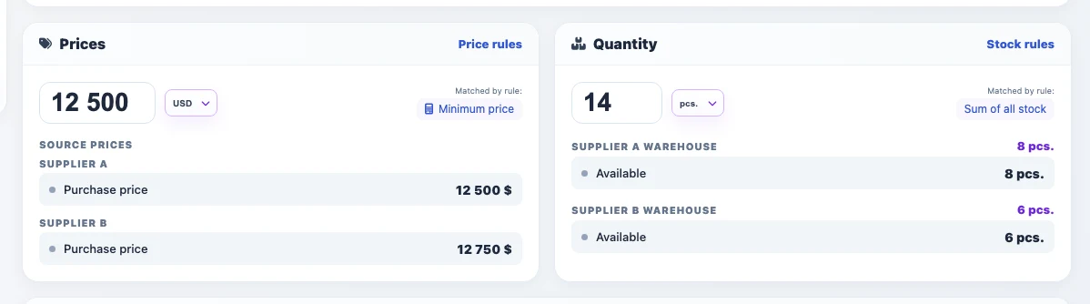 Product card with multiple price and stock groups