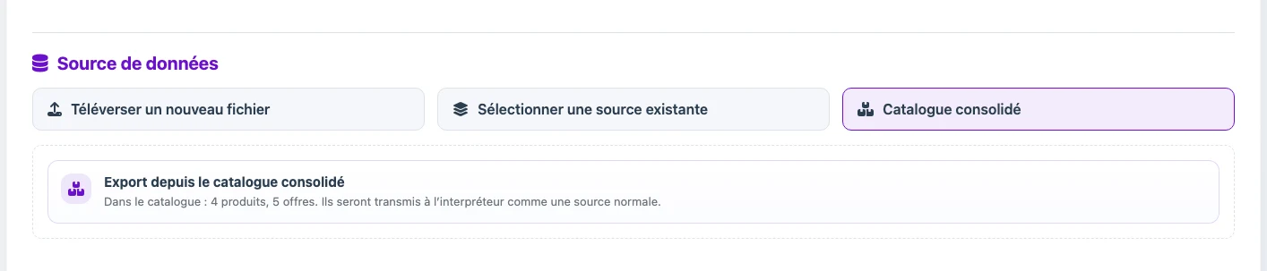 Catalogue consolidé sélectionné comme source de données