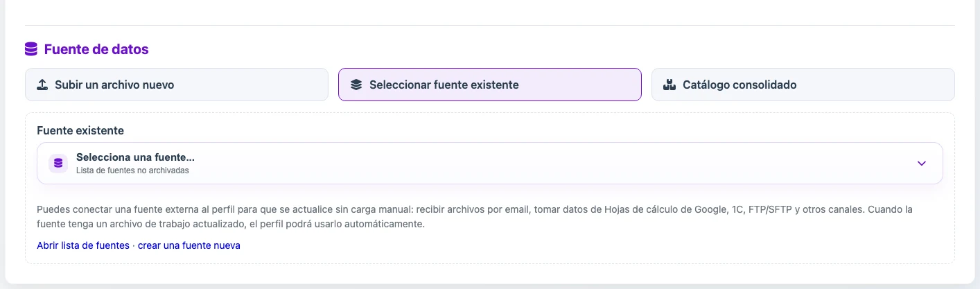 Seleccionar una fuente existente en un perfil de importación al catálogo consolidado