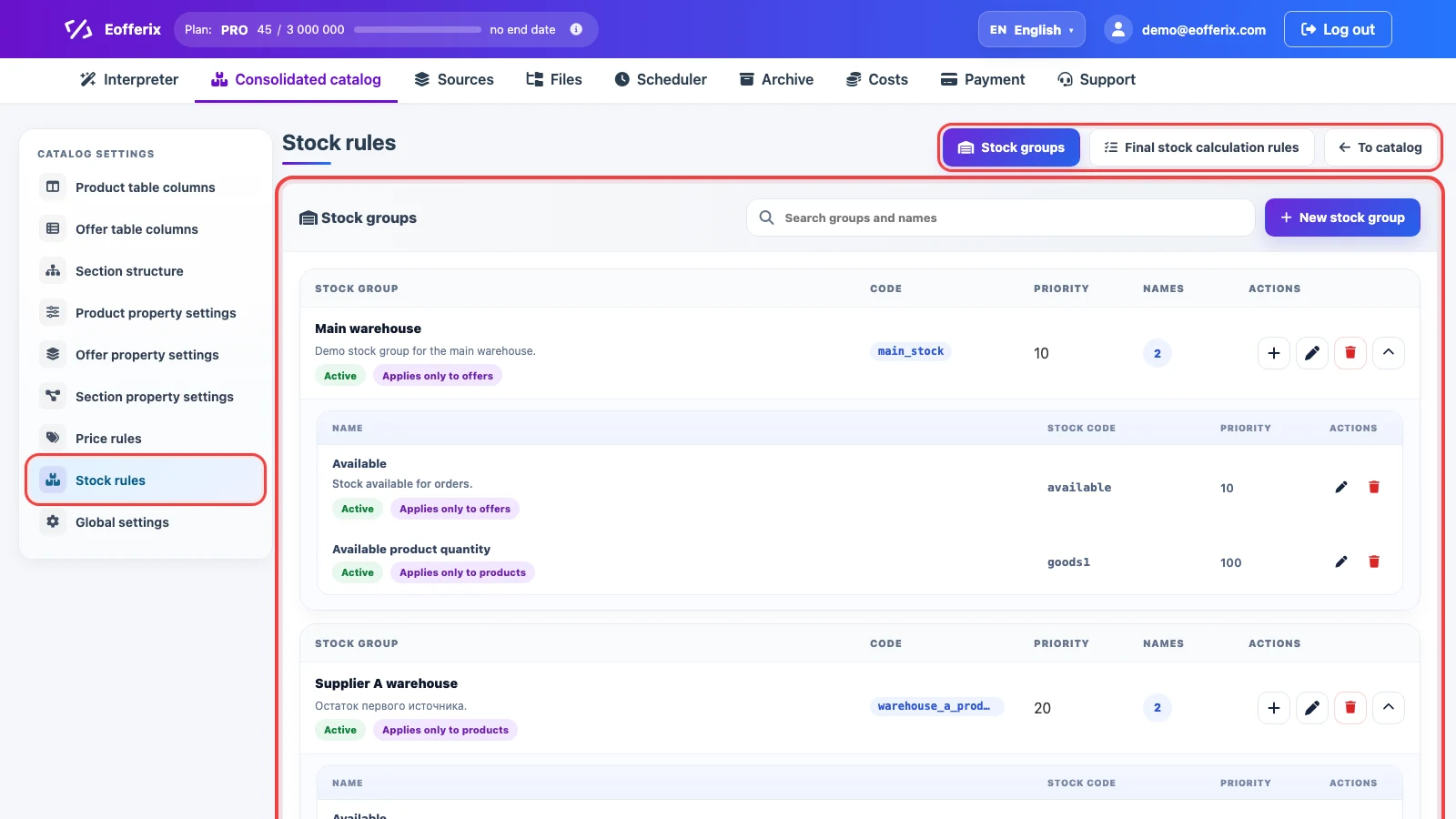 Stock groups and final stock calculation rules in Eofferix