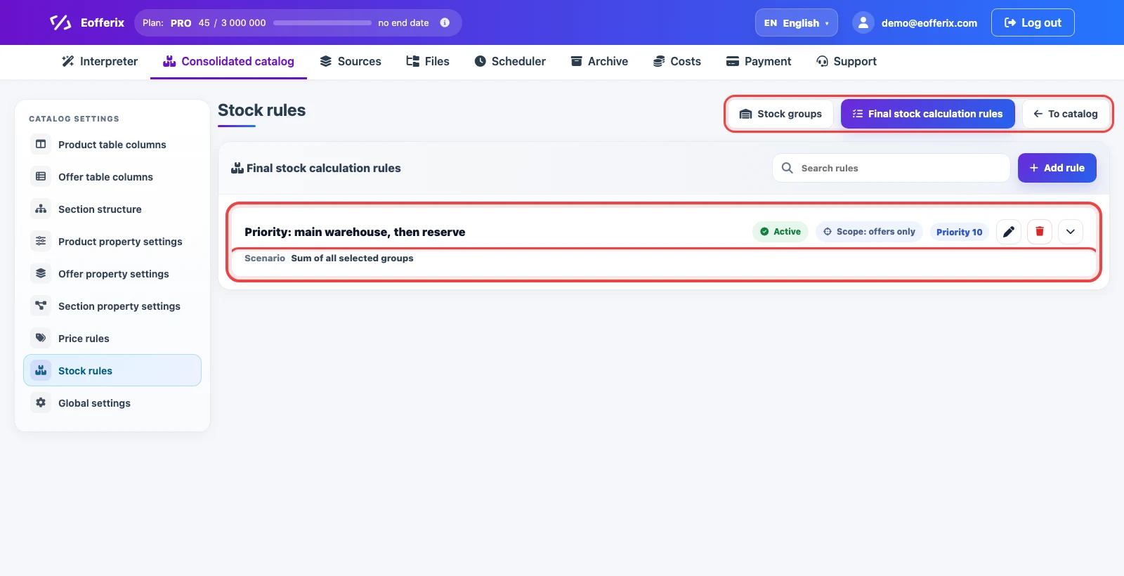 List of final stock calculation rules in Eofferix
