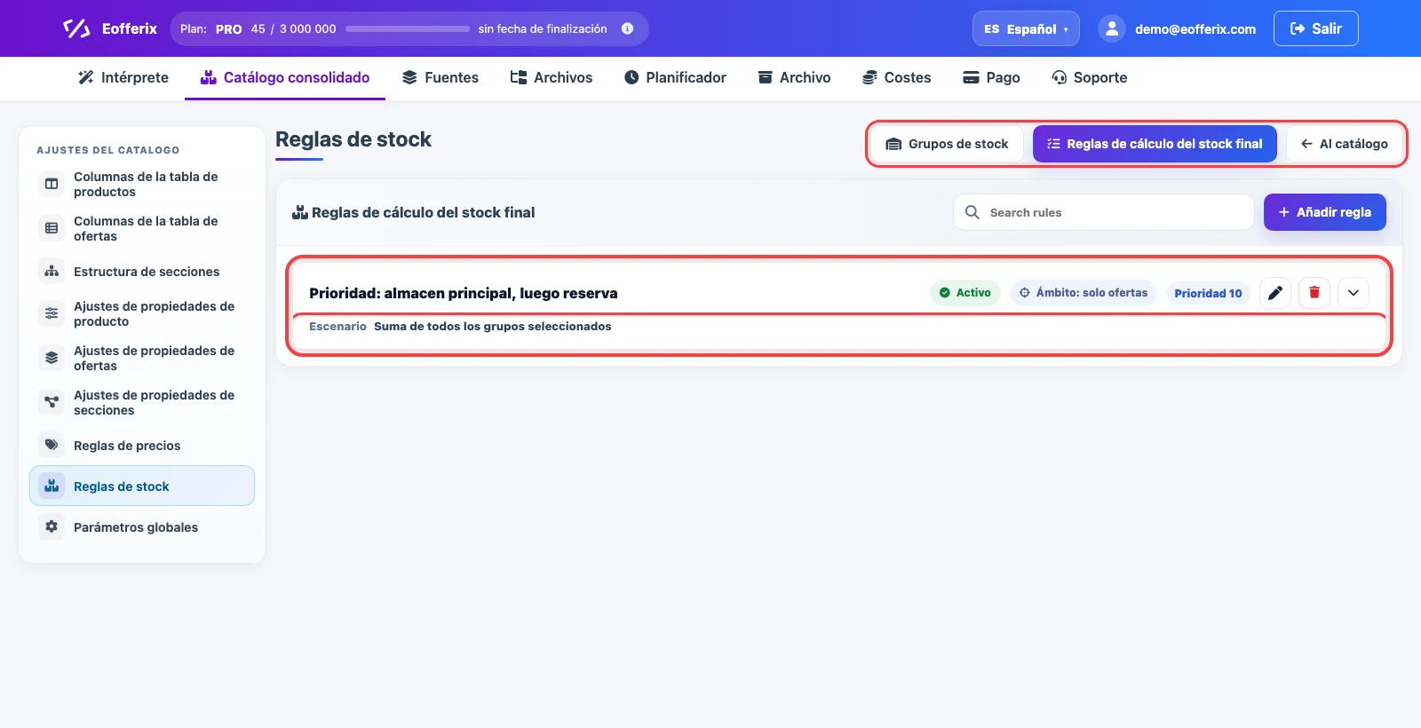 Lista de reglas de stock final en Eofferix