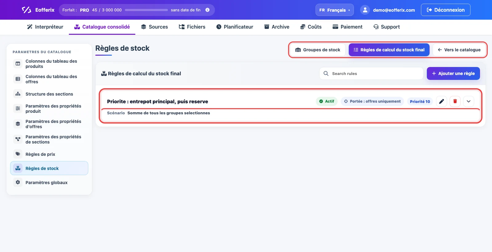 Liste des règles de stock final dans Eofferix