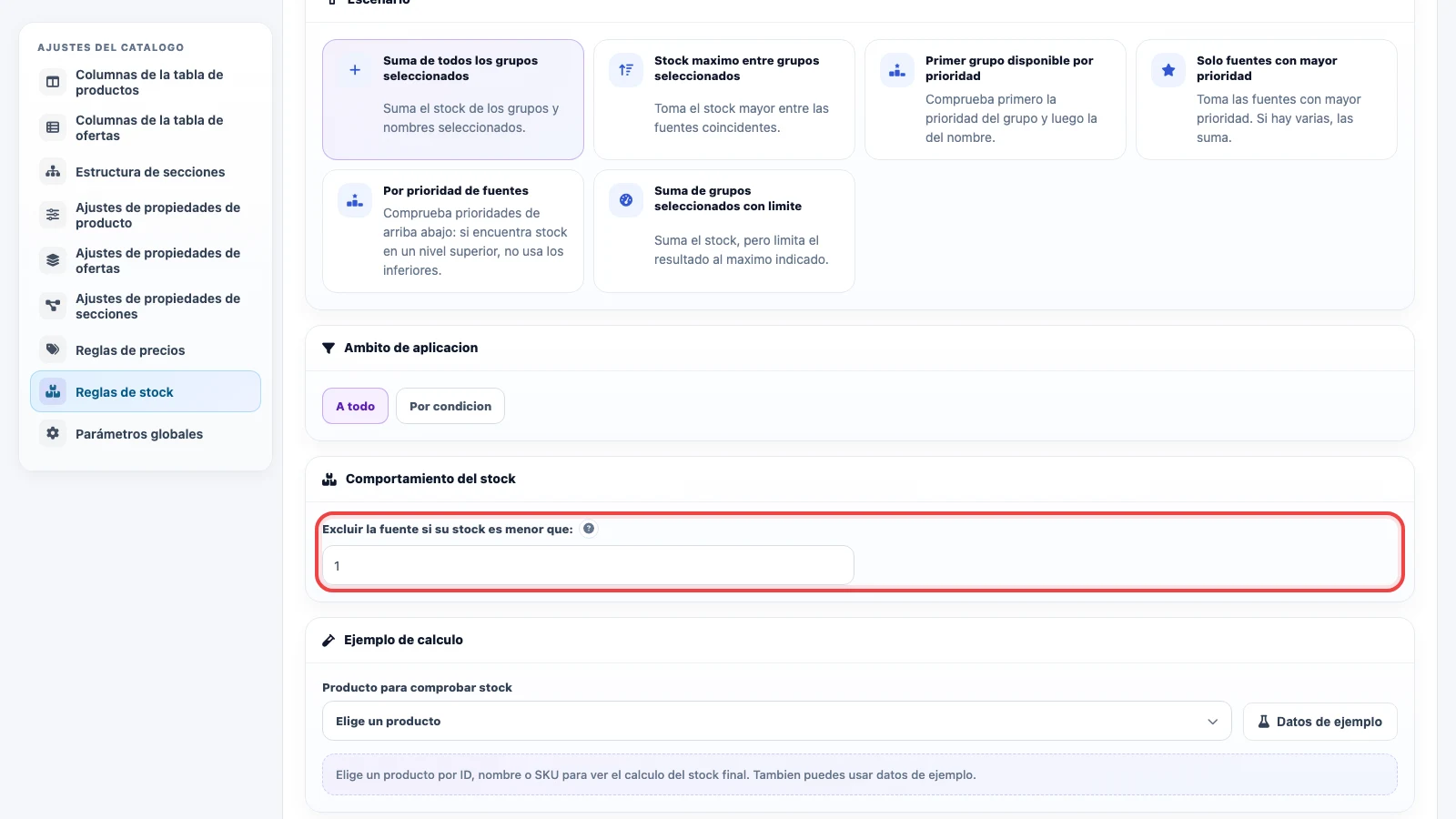 Comportamiento del stock y stock mínimo de la fuente en una regla de Eofferix