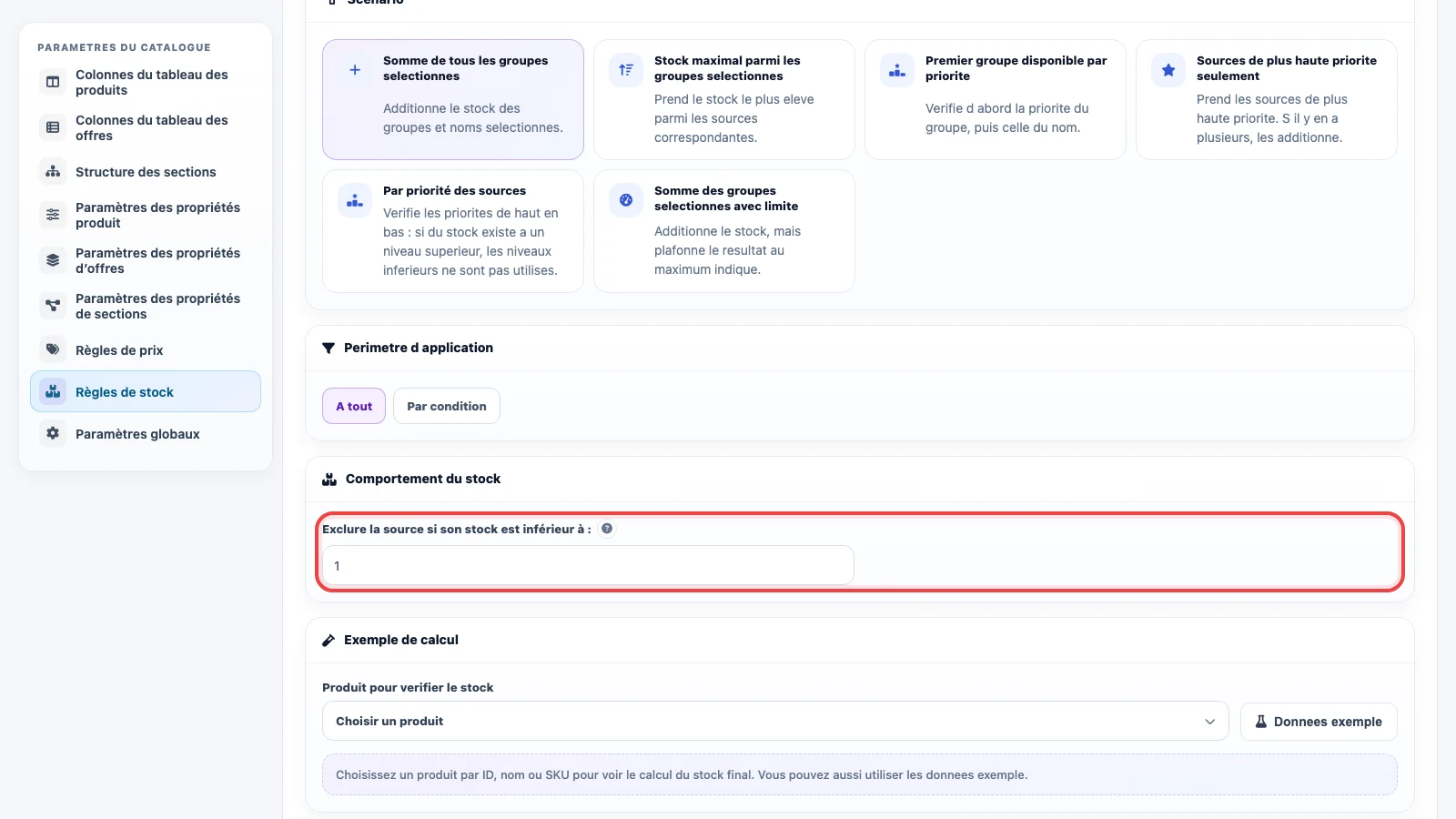 Comportement du stock et stock source minimal dans une règle Eofferix