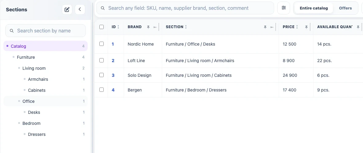 Eofferix consolidated catalog with products, sections, prices, and stock