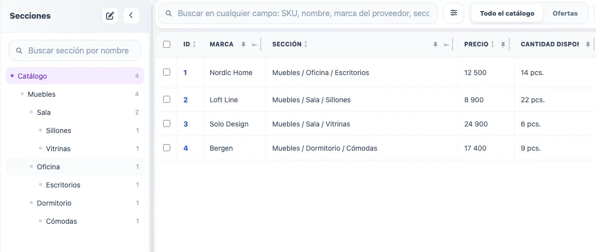Catálogo consolidado de Eofferix con productos, secciones, precios y stock