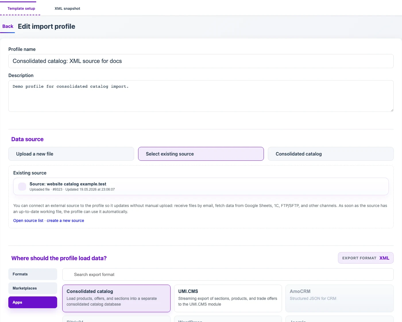 Import profile with a selected source and loading into the consolidated catalog
