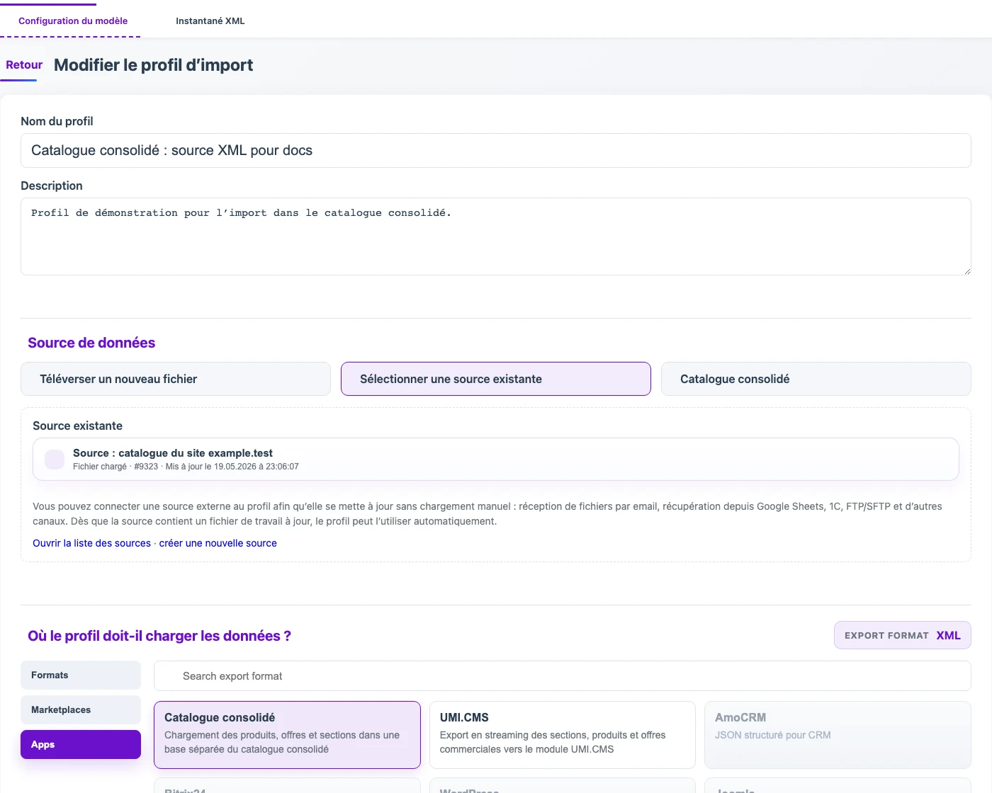 Profil d’import avec une source sélectionnée et chargement dans le catalogue consolidé