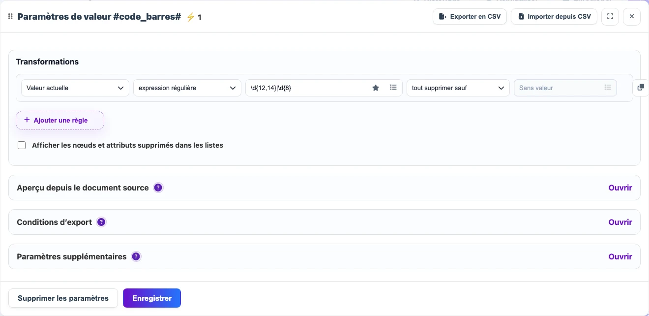 Règle d’extraction de code-barres avec expression régulière dans Eofferix