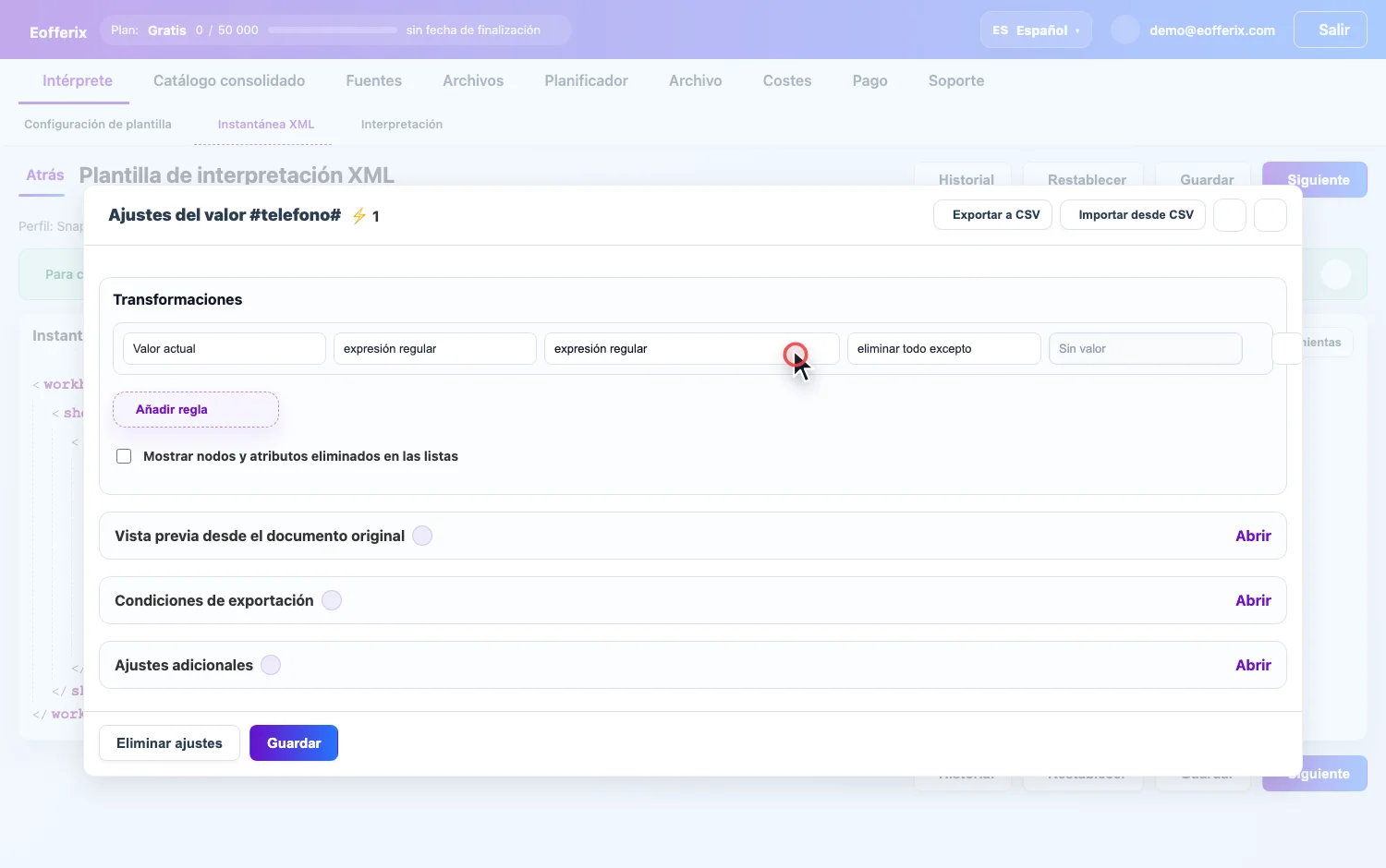 Animación de selección de una expresión regular para teléfono desde los presets de Eofferix