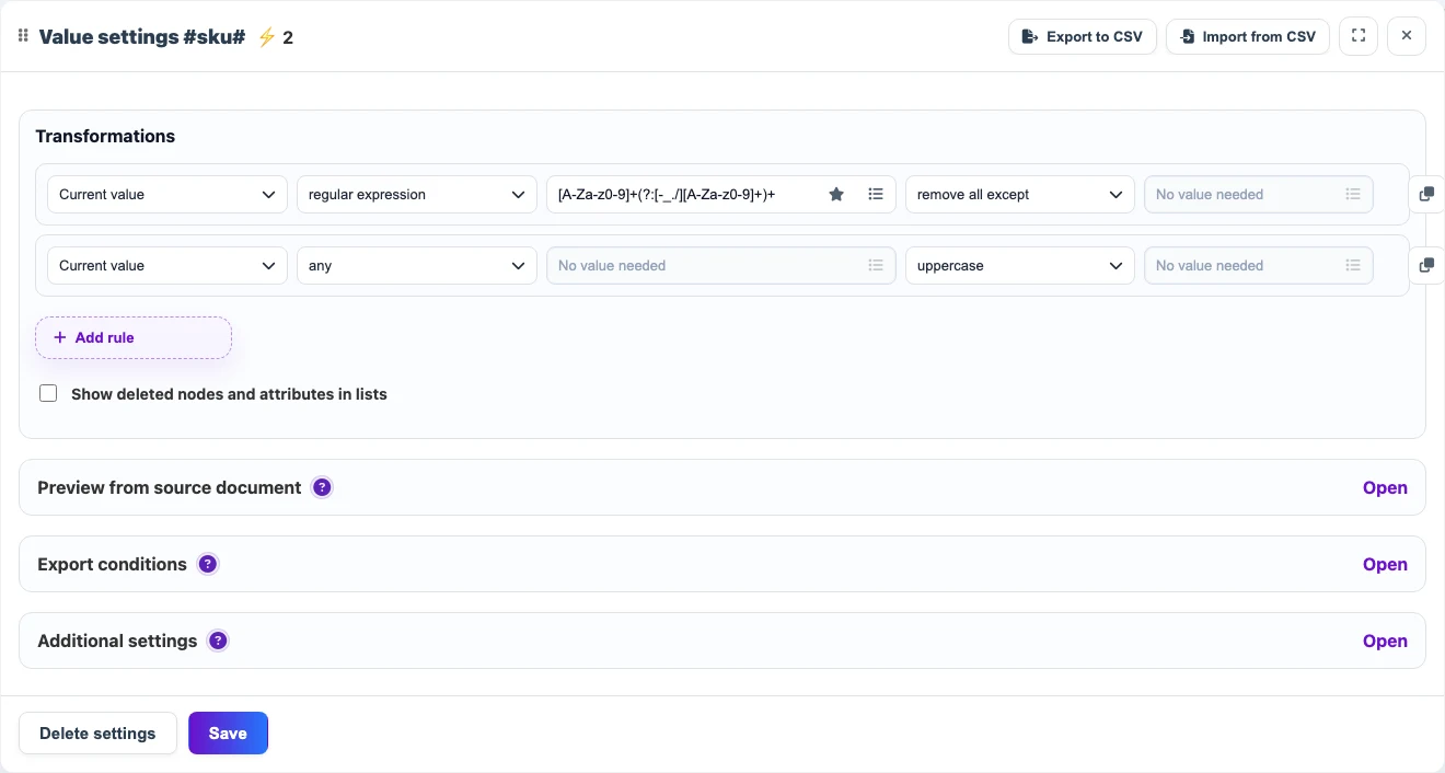 SKU cleanup settings with a regular expression and uppercase conversion