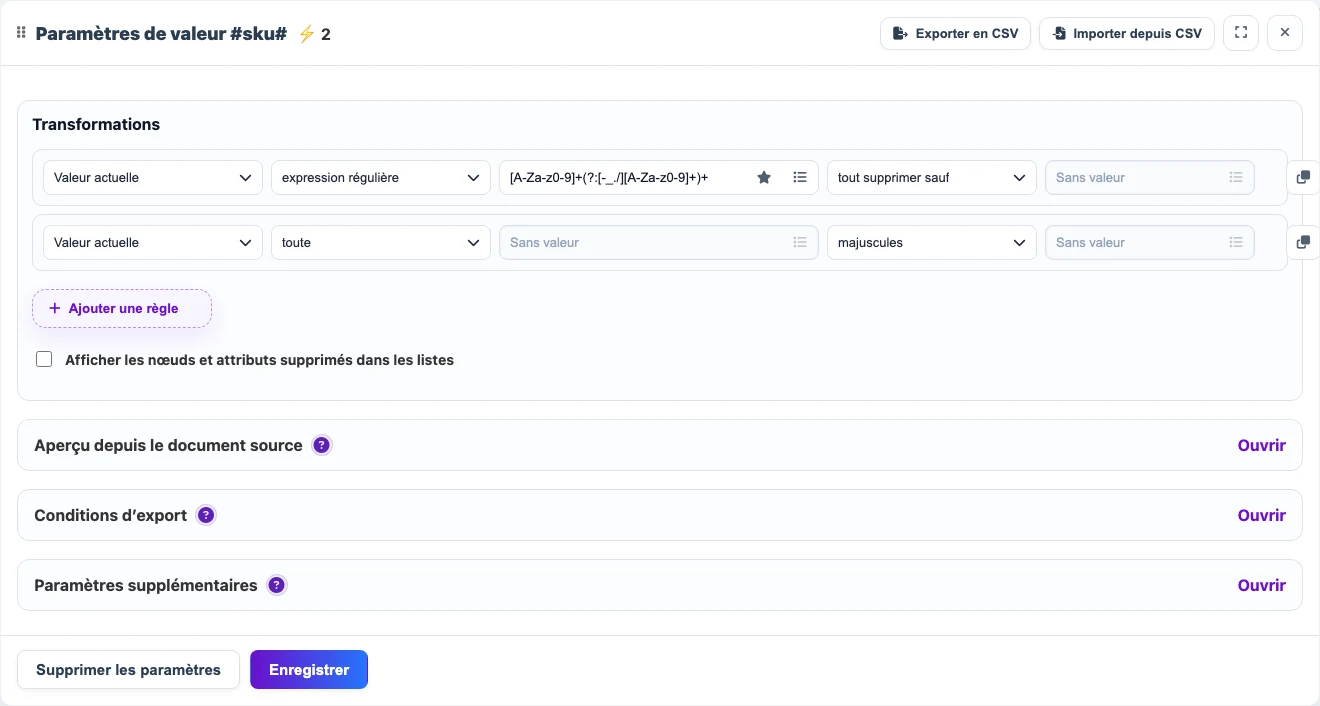 Paramètres de nettoyage d’un SKU avec expression régulière et majuscules