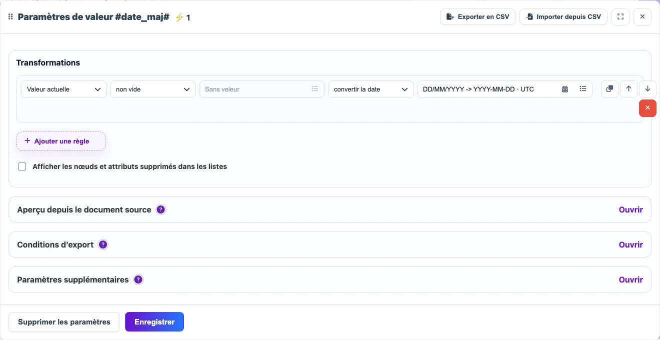 Ouvrir l’image en grand Règle de conversion de date dans les paramètres de valeur Eofferix
