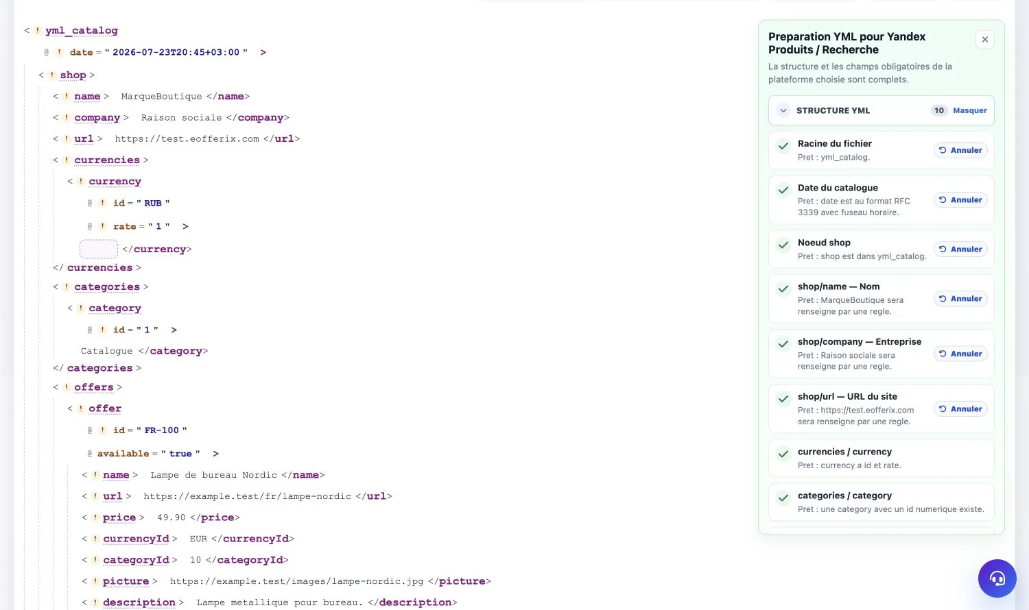 Snapshot XML YML avec panneau dexigences