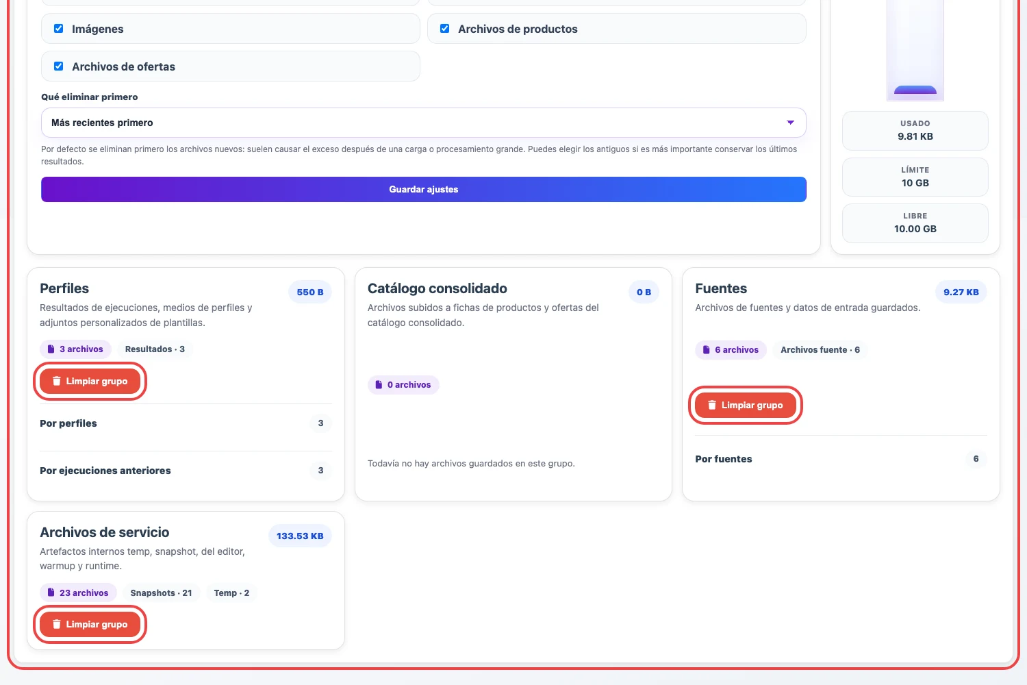 Abrir imagen en grande Grupos de archivos y botones de limpiar grupo en Eofferix