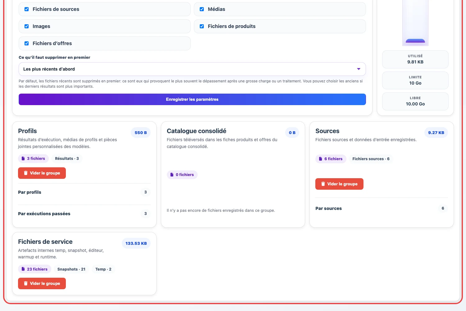 Ouvrir l’image en grand Groupes de fichiers et boutons vider le groupe dans Eofferix
