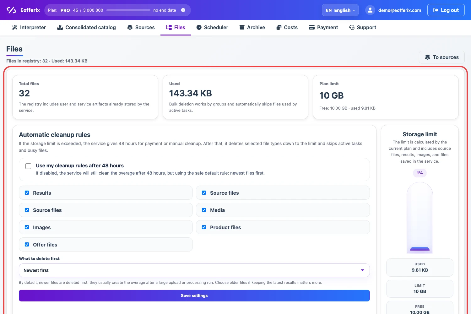 Automatic cleanup rules and storage limit in Eofferix Files