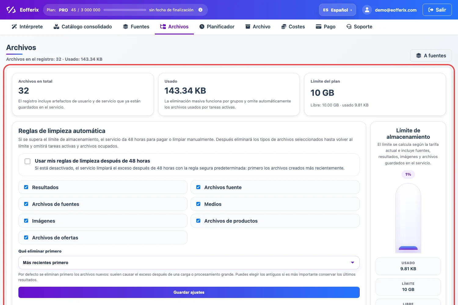 Abrir imagen en grande Reglas de limpieza automática y límite de almacenamiento en Archivos de Eofferix
