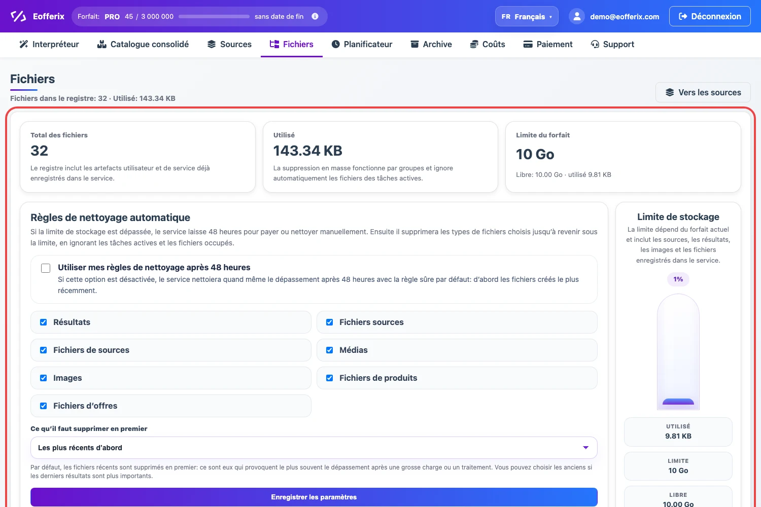 Ouvrir l’image en grand Règles de nettoyage automatique et limite de stockage dans les Fichiers Eofferix