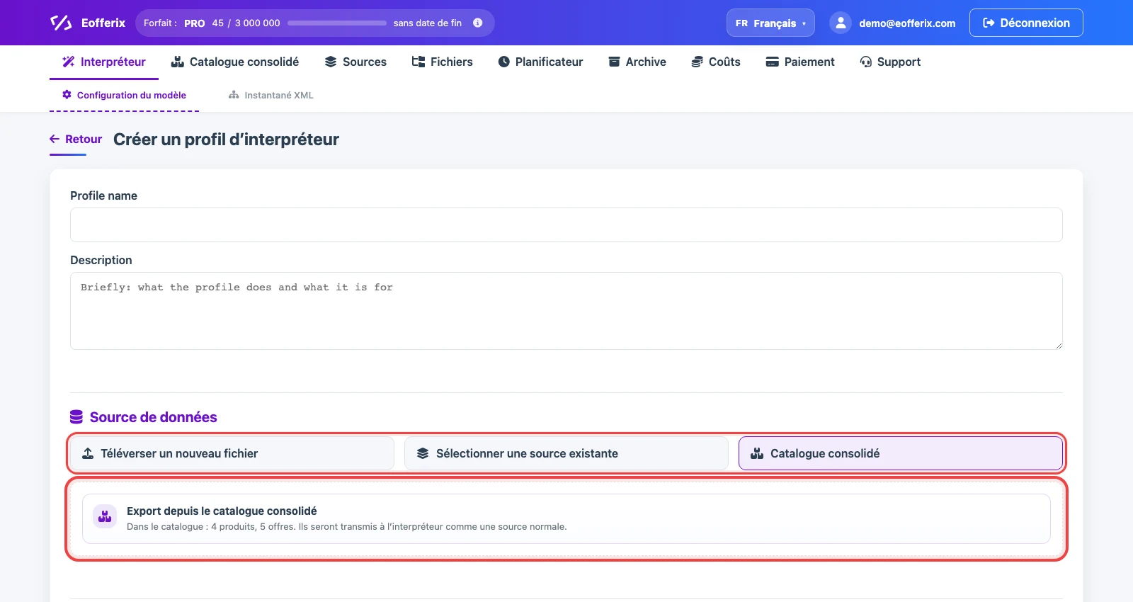Sélection du catalogue consolidé comme source de données pour un nouveau profil d’export