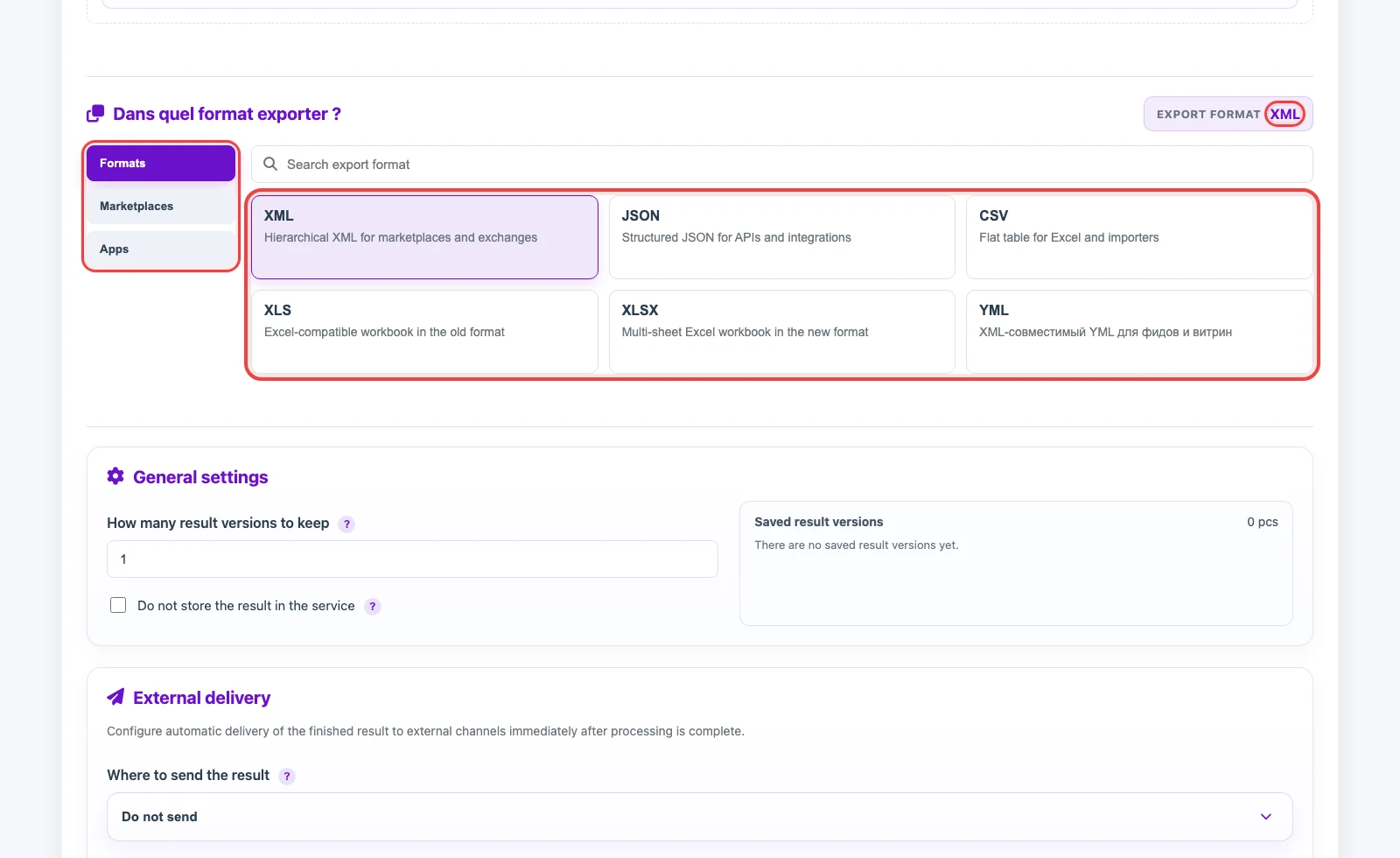 Choix du format du résultat pour un profil d’export Eofferix