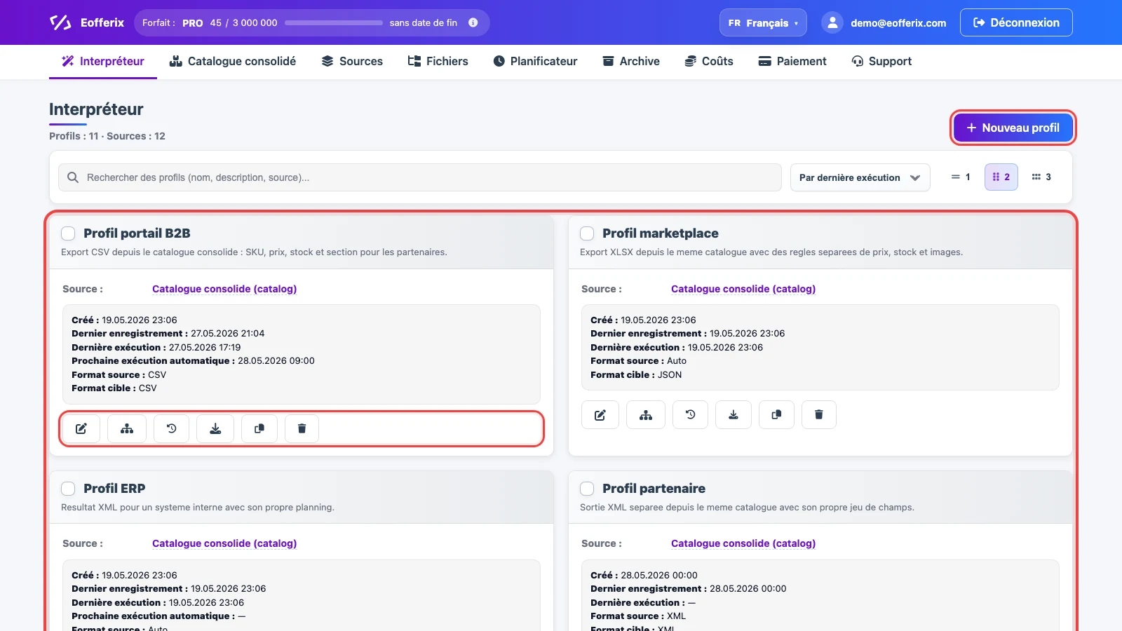 Liste des profils interpréteur Eofferix avec profils d’export depuis le catalogue consolidé