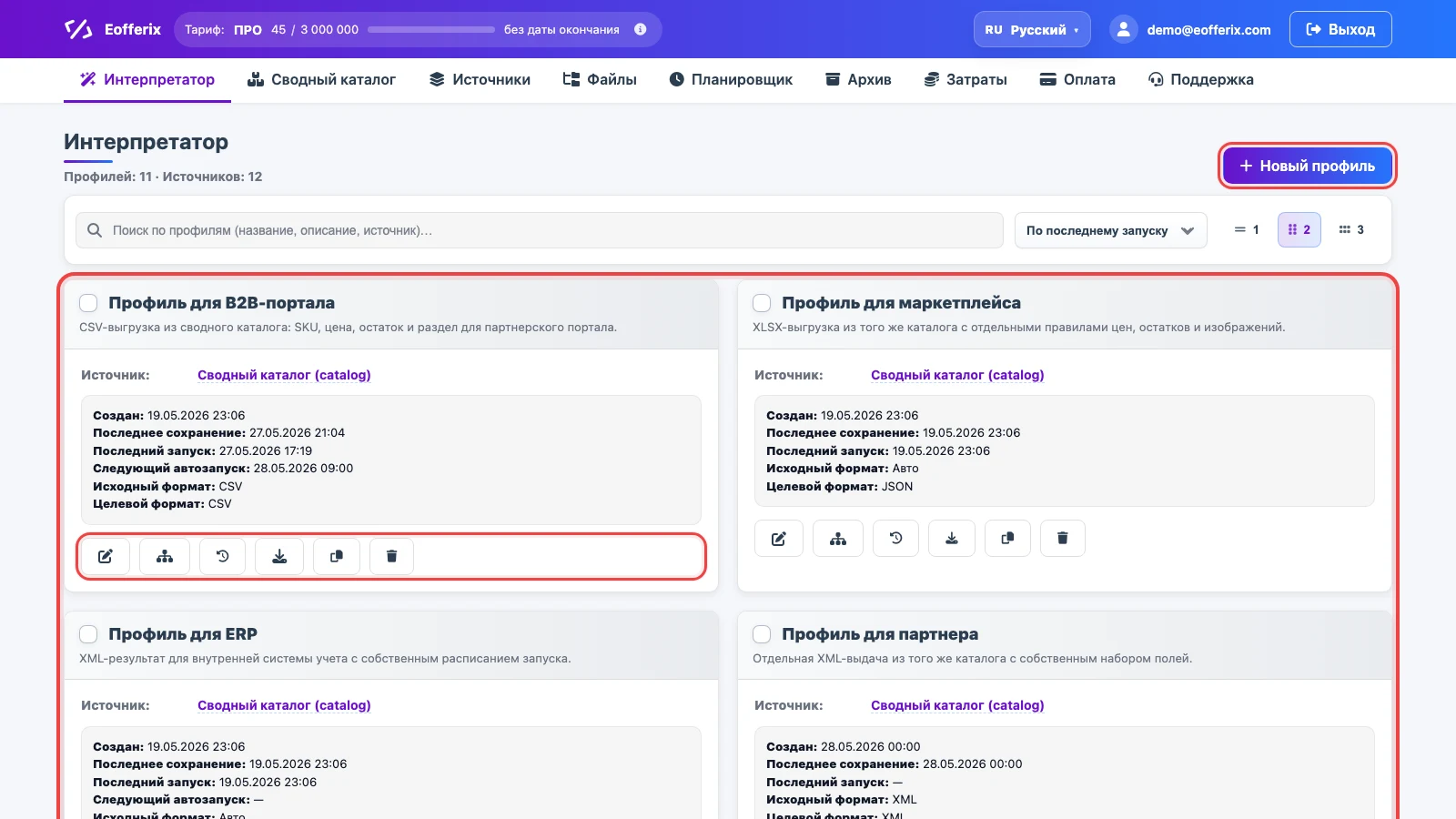 Список профилей интерпретатора Eofferix с профилями экспорта из сводного каталога