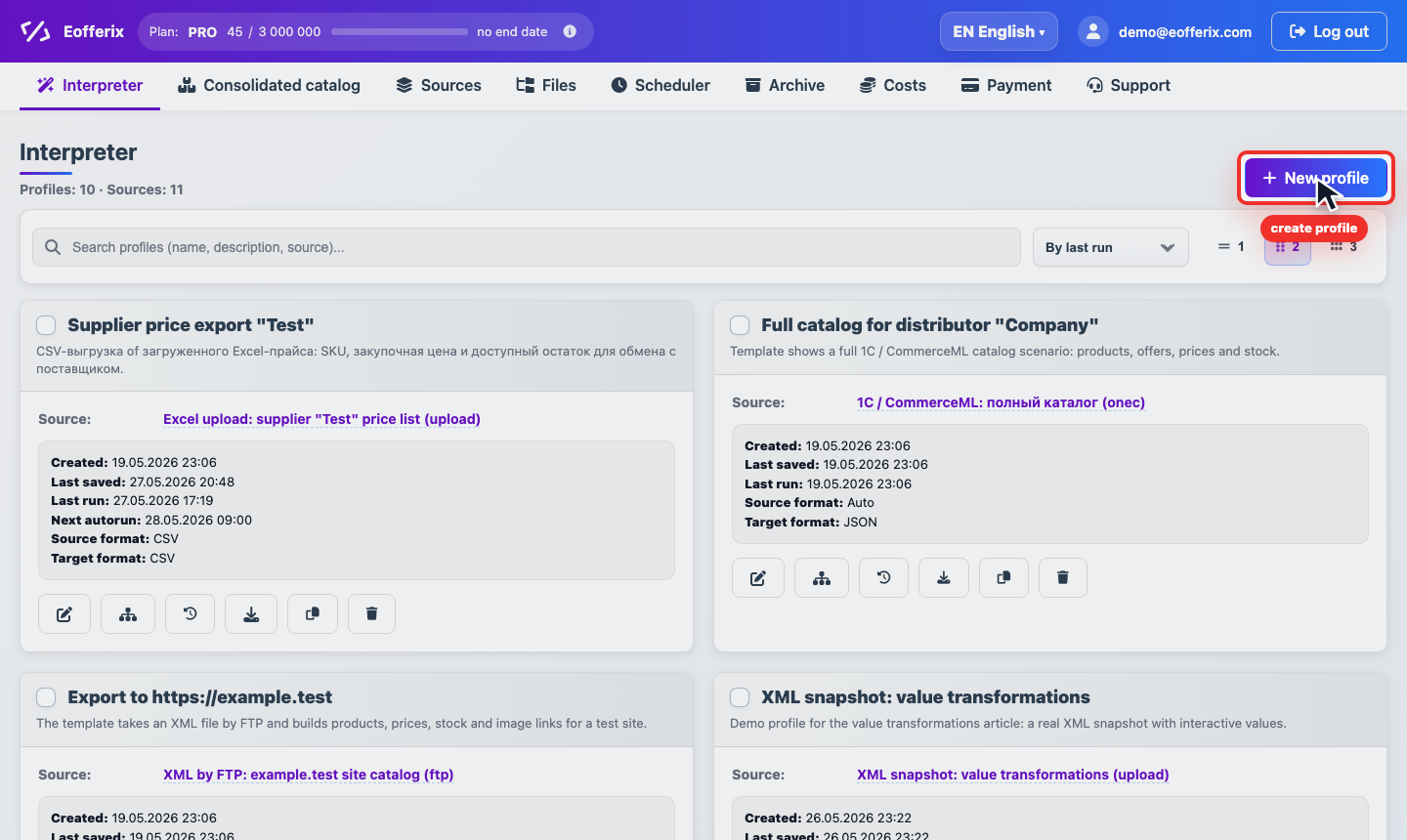 Animation of creating a new interpreter profile in Eofferix