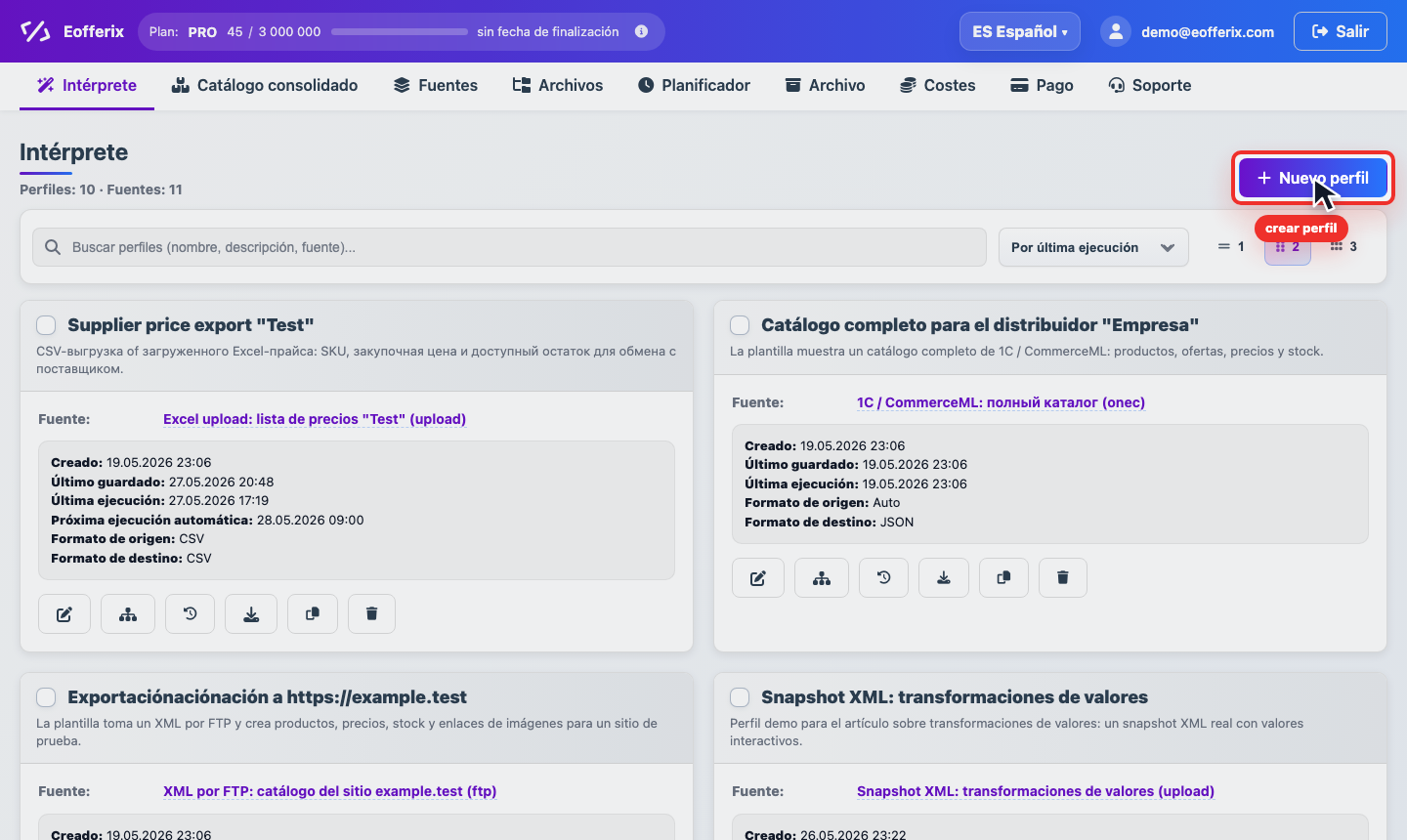 Animación de creación de un nuevo perfil de intérprete en Eofferix