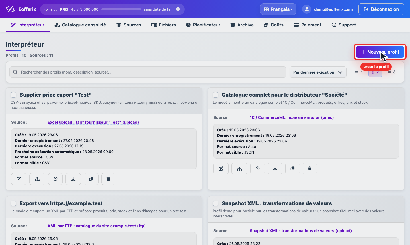 Animation de création d’un nouveau profil interpréteur dans Eofferix