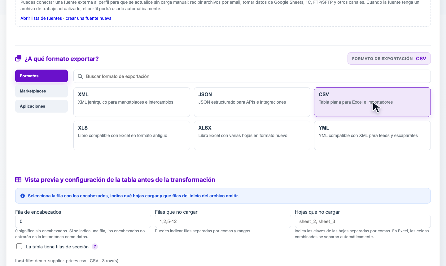 Animación del paso del perfil al snapshot de tabla con el botón Continuar
