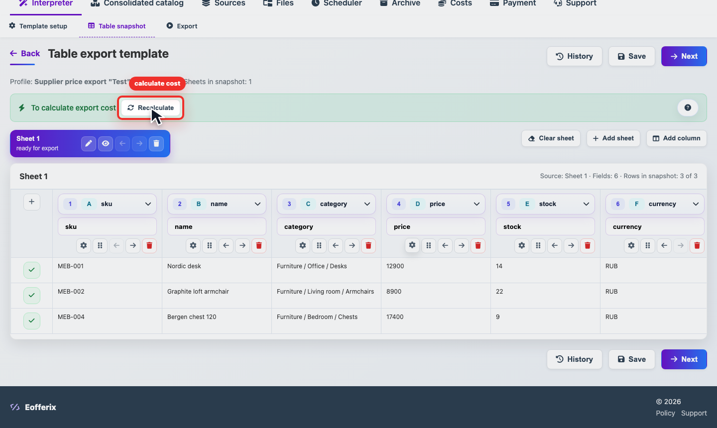 Smooth animation of cost calculation and transformation run in Eofferix