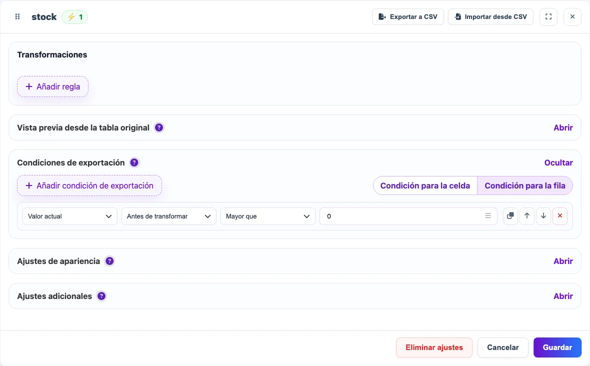 Condición de exportación basada en stock en una lista CSV/XLSX