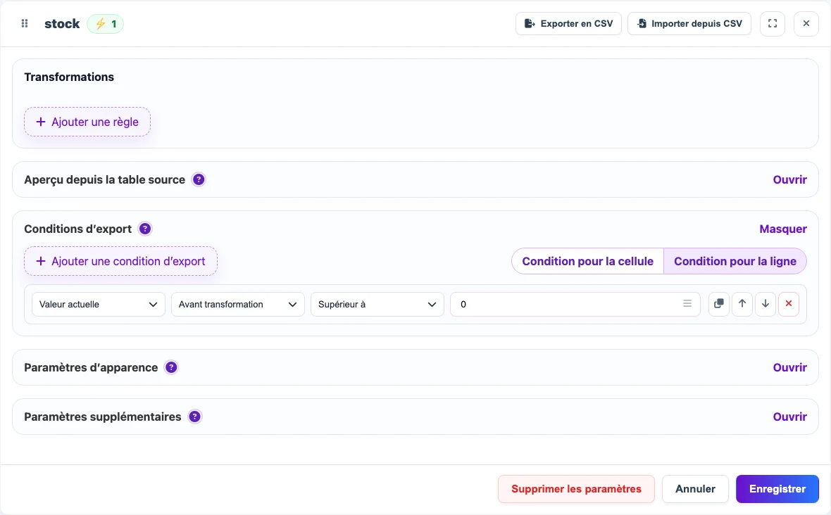 Condition d’export basée sur le stock dans une liste CSV/XLSX