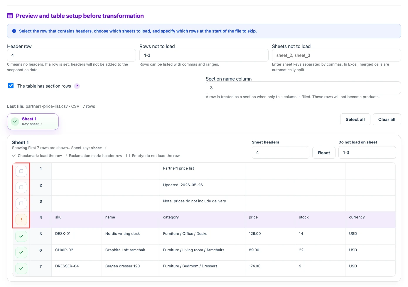 Sheet, header row, and structure control settings for a CSV/XLSX source