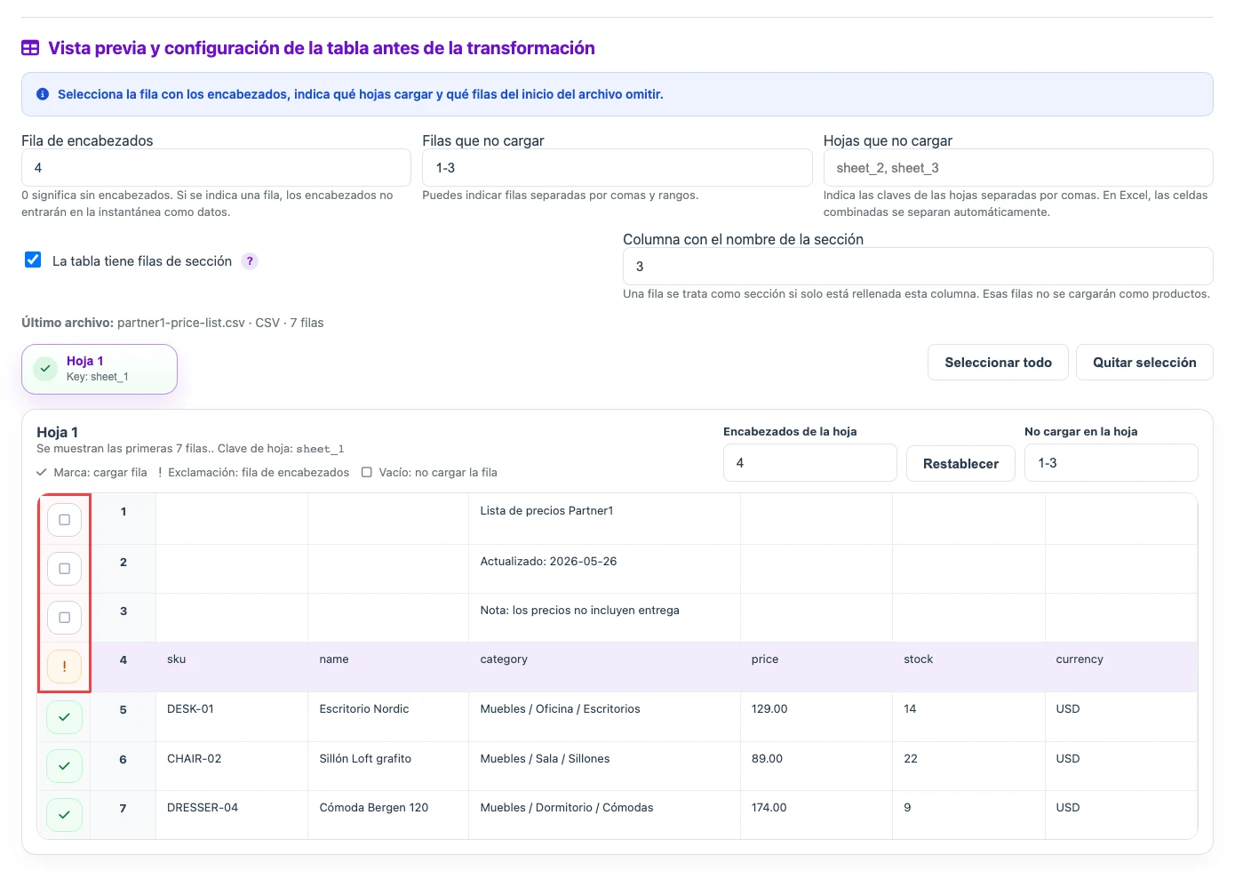 Ajustes de hoja, fila de encabezados y control de estructura para una fuente CSV/XLSX