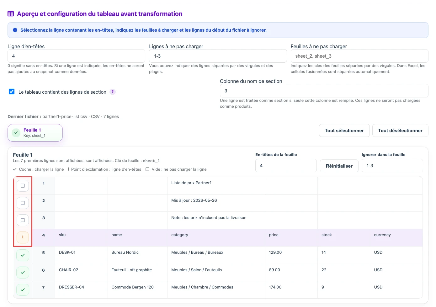 Réglages de feuille, ligne d’en-tête et contrôle de structure pour une source CSV/XLSX