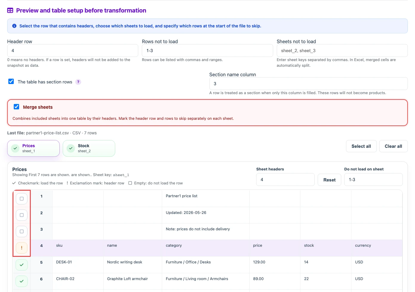Merging several CSV/XLSX sheets by headers