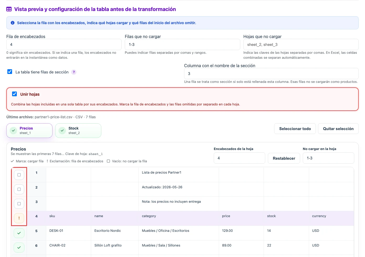 Unir varias hojas CSV/XLSX por sus encabezados